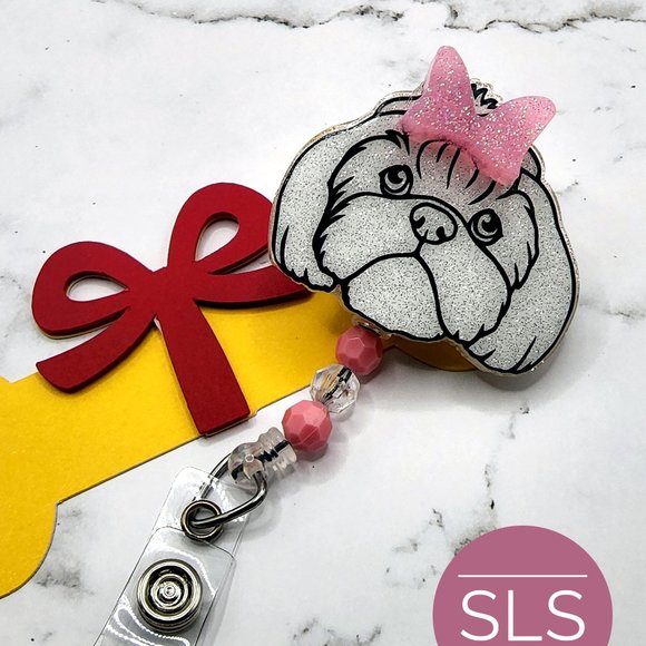 Cute White Shih Tzu Glitter Badge Reel with Pink Bow-Badge Reel With Beads - Picture 5 of 7